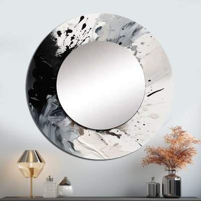 Paulia Black Splash Paint Art IV - peinture abstraite, miroir mural rond moderne, art imprimé en métal