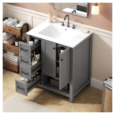 Meuble-lavabo gris de 76 cm (30 pouces) avec lavabo en céramique, armoire en bois massif et MDF, deux portes, deux tiroirs et tablette ouverte.