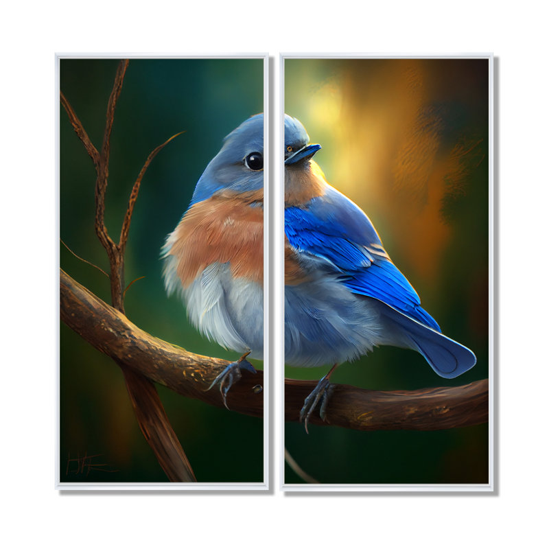 Magnifique oiseau bleu brillant sur une branche III - grand oiseau, art mural, 20" H x 24" W, Floater Frame, White