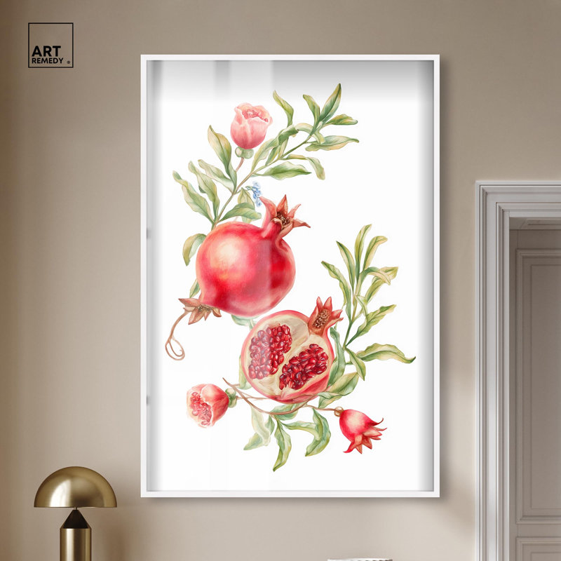 «Pomegranate Bloom II Shadowbox Print Summer Art Prints» par Art Remedy, H 55 po x l 37 po, Blanc