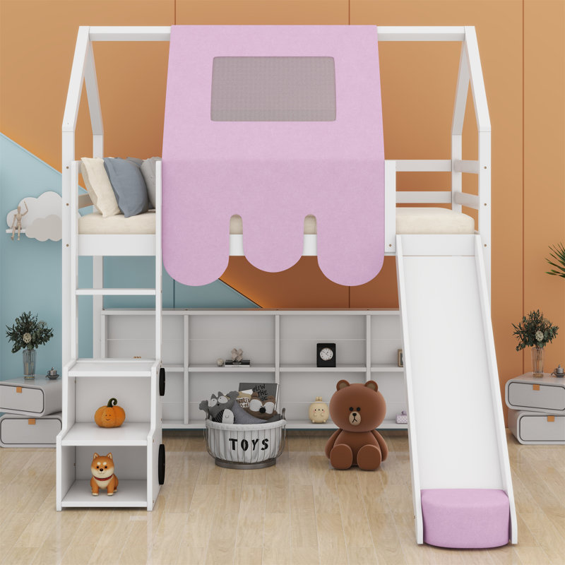 Cadre de lit mezzanine en bois avec tente, Lit simple, Blanc / rose