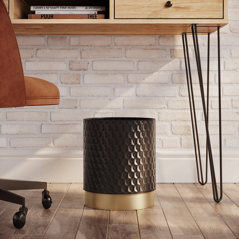 Black and Gold Metal Waste Basket with Removable Base