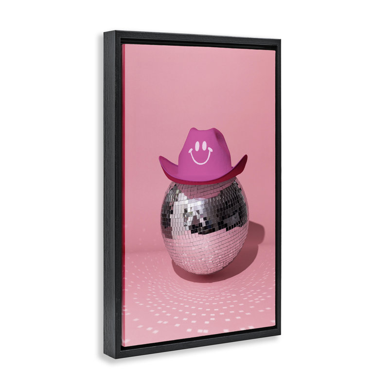 Toile flottante encadrée "Disco Ball" avec chapeau de cowboy par Lish Creative, Cadre flottant noir de jais