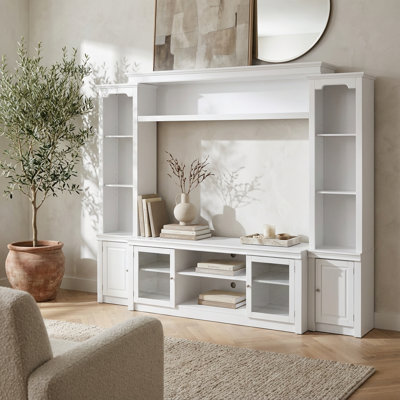 All-in-One Modern TV Stand with Bookcase for Large Televisions, Entertainment Center with Adjustable Shelves, Tempered Glass Doors, and Display Storage Cabinet for Ample Organization