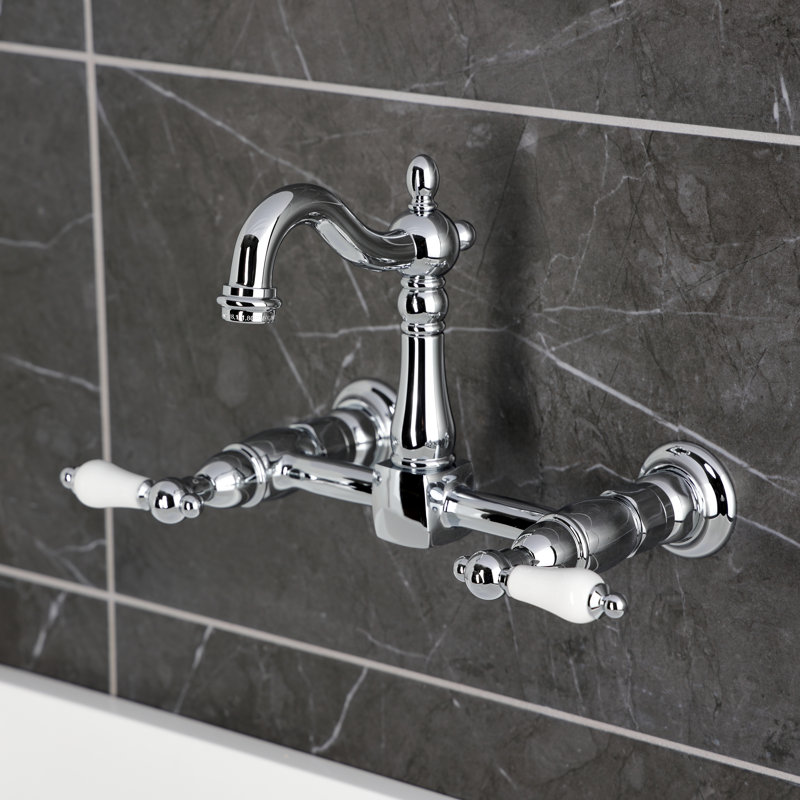 Kingston Brass Heritage Double-Handle 2-Hole Wall-Mount Bridge Kitchen Faucet, Polished Chrome