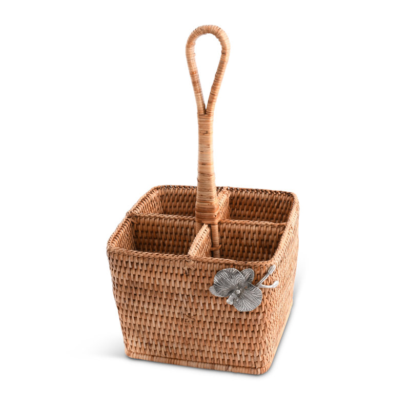 Natural Rattan Square Flatware Caddy with Pewter Orchid