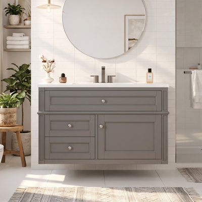Meuble-lavabo mural avec lavabo en céramique et charnières à fermeture en douceur