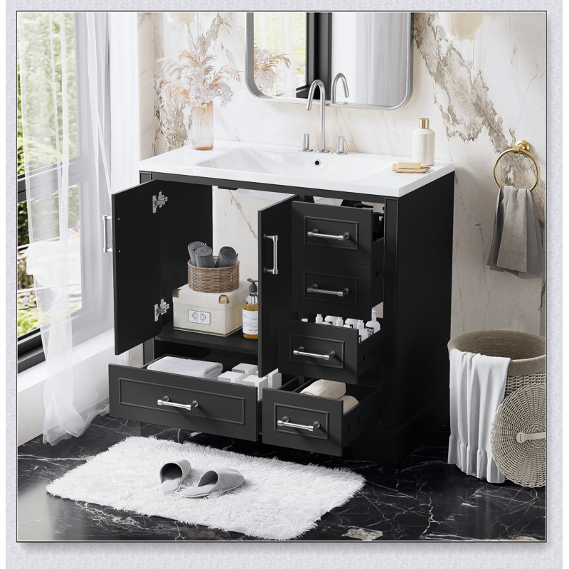 Ensemble de meuble-lavabo traditionnel 36 po avec lavabo en résine, armoire de salle de bain noire avec deux portes et quatre tiroirs