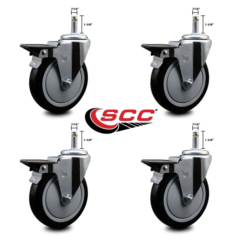 5 Inch Poly Swivel 7/16 Inch Grip Ring Stem Caster Set with Brake, Black
