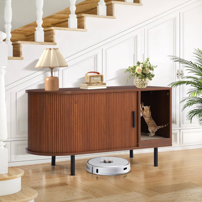 Enceinte pour litière pour chat, meuble pour litière pour chat 37,4 po avec griffoir pour chat et boule pour chat, armoire à litière cachée avec porte coulissante, chatière d'intérieur, meuble télé, table de bout latérale