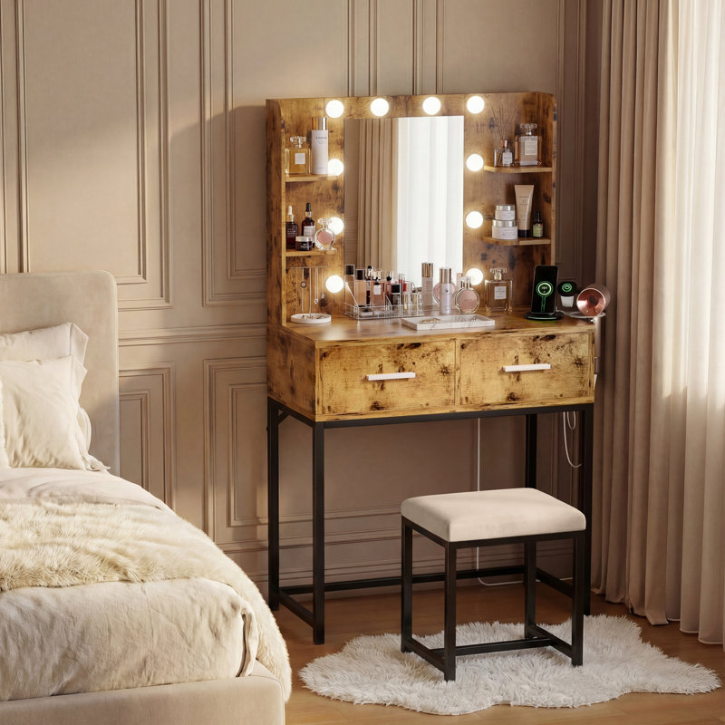 Vanity Desk with Mirror, Power Outlet & LED Lights, Makeup Vanity Table with 2 Drawers & 4 Shelves, Dressing Table for Bedroom Dressing Room