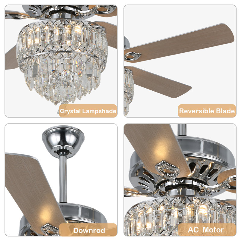 52 Inch Modern Crystal Ceiling Fan With Remote Control, 3 Speeds Reversible Ceiling Fan For Bedroom, Chrome