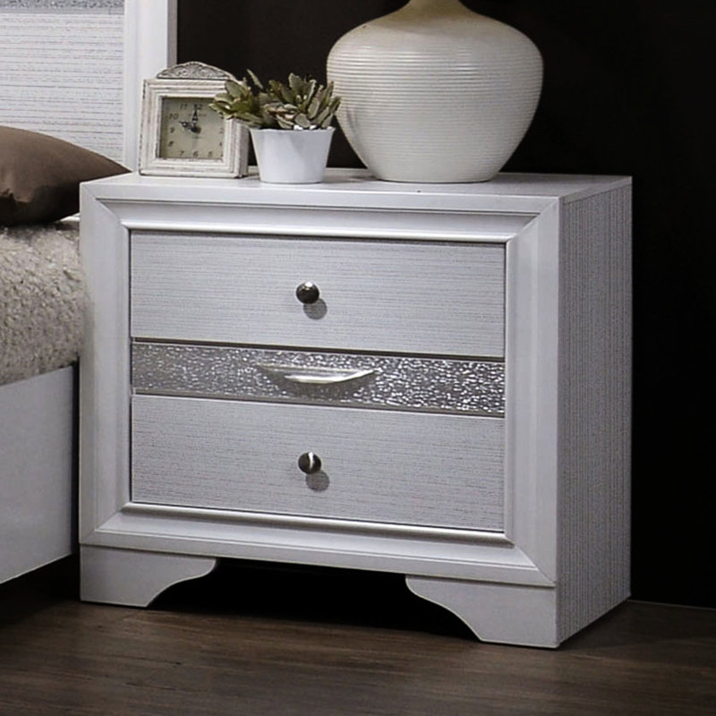 Table de chevet 3 tiroirs en blanc - Accessoire de chambre à coucher contemporain avec zone de bijoux cachée 3 avec compartiment et matériau en bois