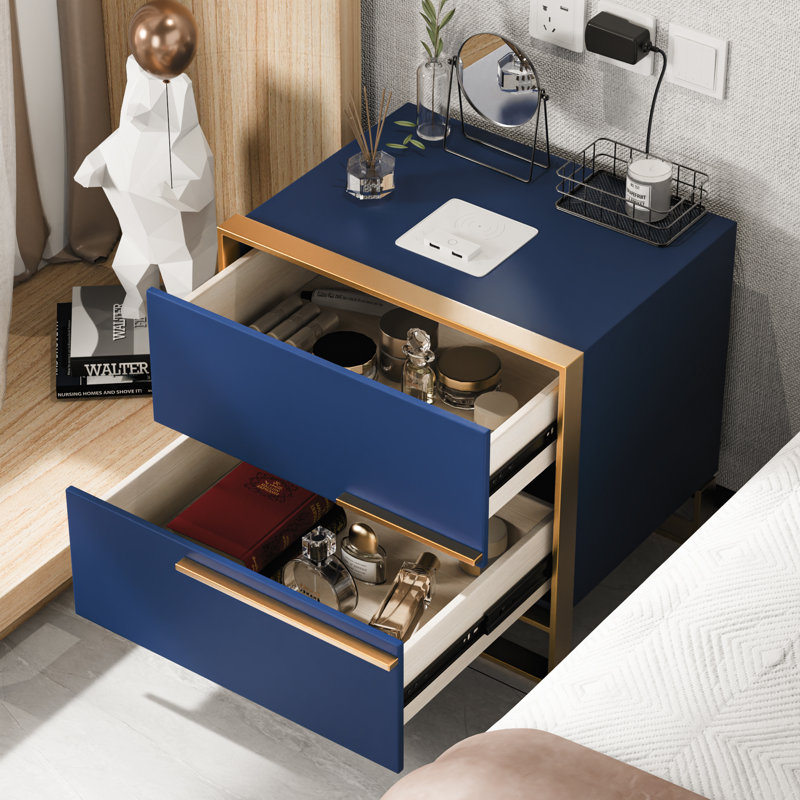 Table de chevet 2 tiroirs Asrani avec charge sans fil, lumières à capteur et lecteur de musique, Bleu