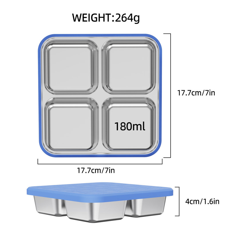 Contenants à collation en acier inoxydable à 4 compartiments avec couvercles en silicone, Bleu 4PCS