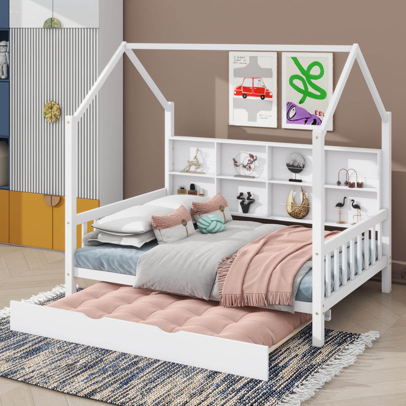 Lit double pleine grandeur avec lit escamotable, lit pour enfant avec tablette intégrée, Lit double