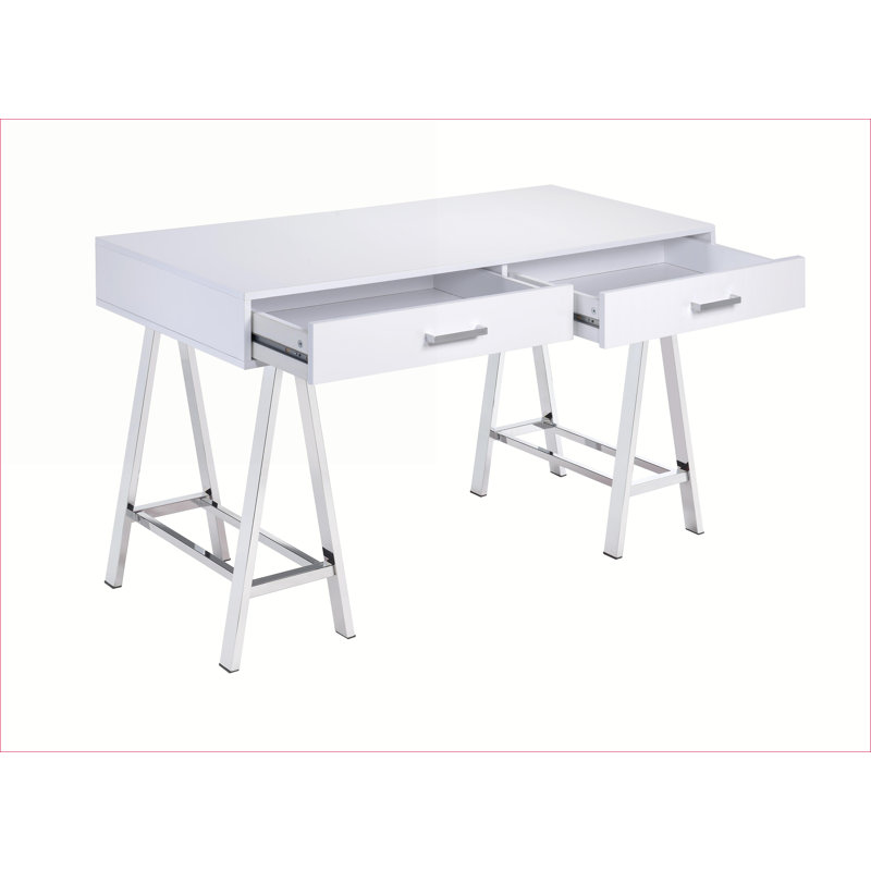 Bureaux, bureau moderne blanc ultrabrillant avec port USB et amp; 2 tiroirs | Base en métal chromé | Blanc