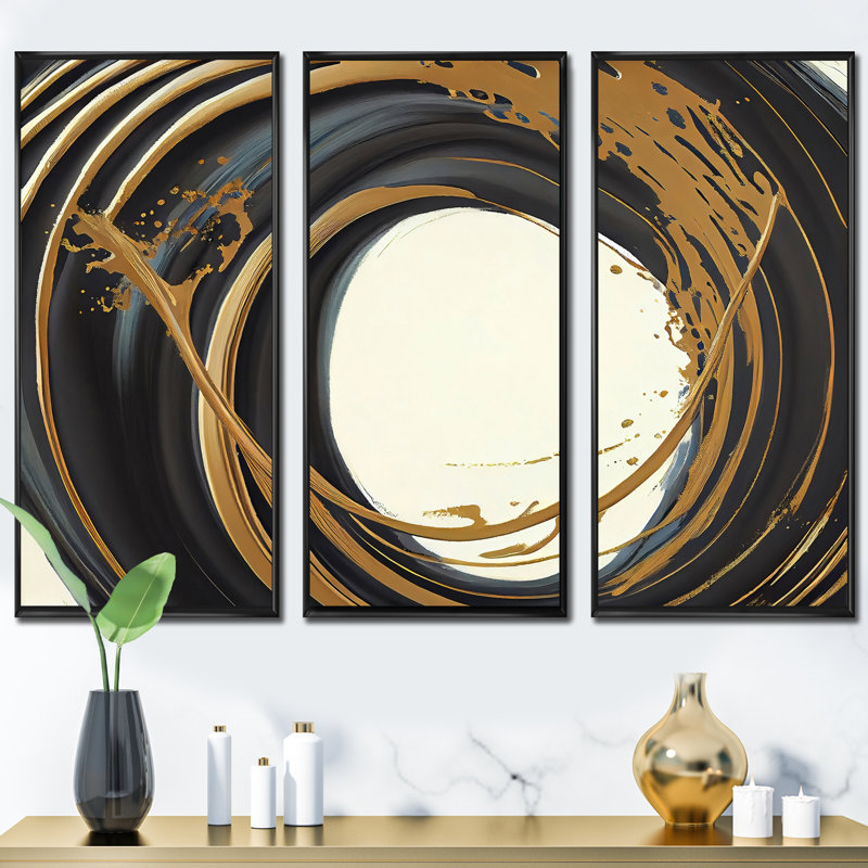 Cercle noir et or II - ensemble d'art mural moderne sur toile, Cadre noir, H 28 po x l 36 po x P 1 po