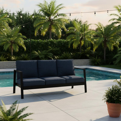 Patio 75 "toutes saisons 3 avec coussins bleus et structure en aluminium noir - Rouille, impact, sièges confortables pour l'extérieur 75 pouces 3 sièges, housses, mousse haute, entretien facile