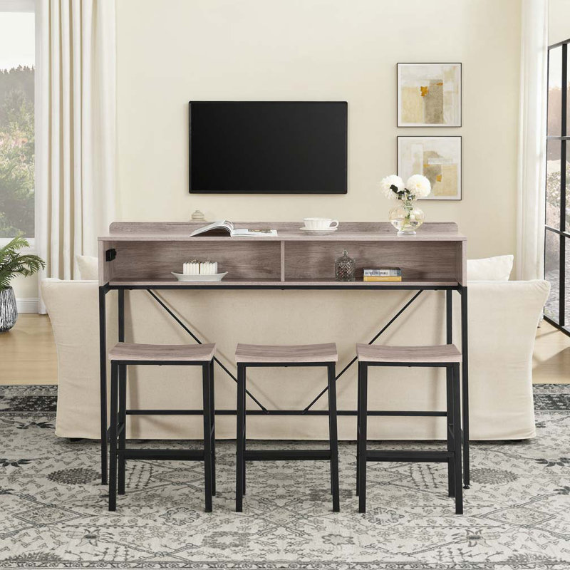59"Console Table with Power Socket and LED light, 3 Saddle Stools, Gray