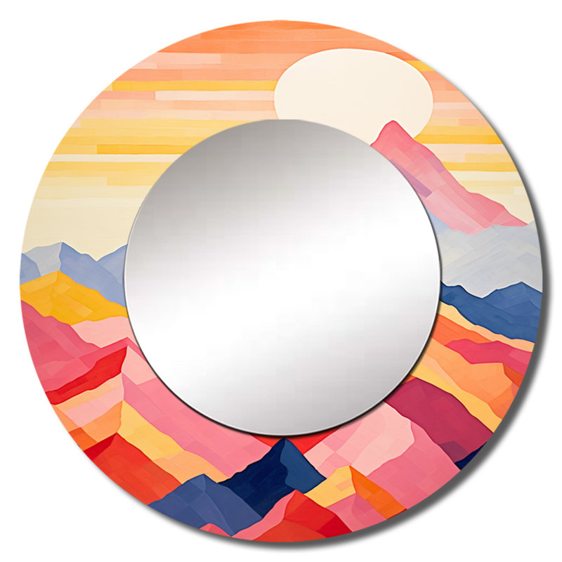 Montagnes Sunrise Realms I - miroir décoratif montagnes, grand miroir mural rond traditionnel, impression d'art en métal
