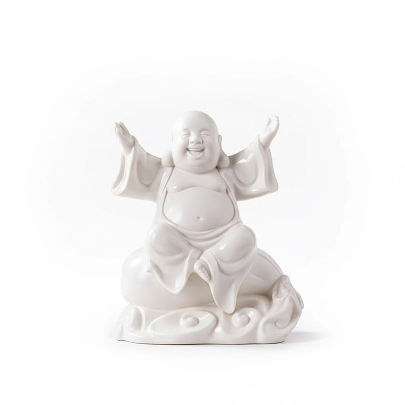 8.2" White Ceramic Laughing Buddha Statue - Feng Shui Money Bag Decor for Luck & Prosperity