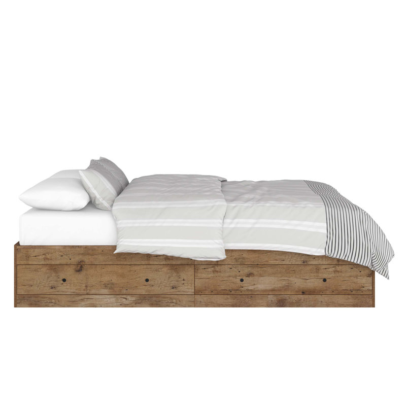 Grand lit de rangement avec finition en chêne rustique et tiroirs spacieux, parfait pour un décor moderne et traditionnel.