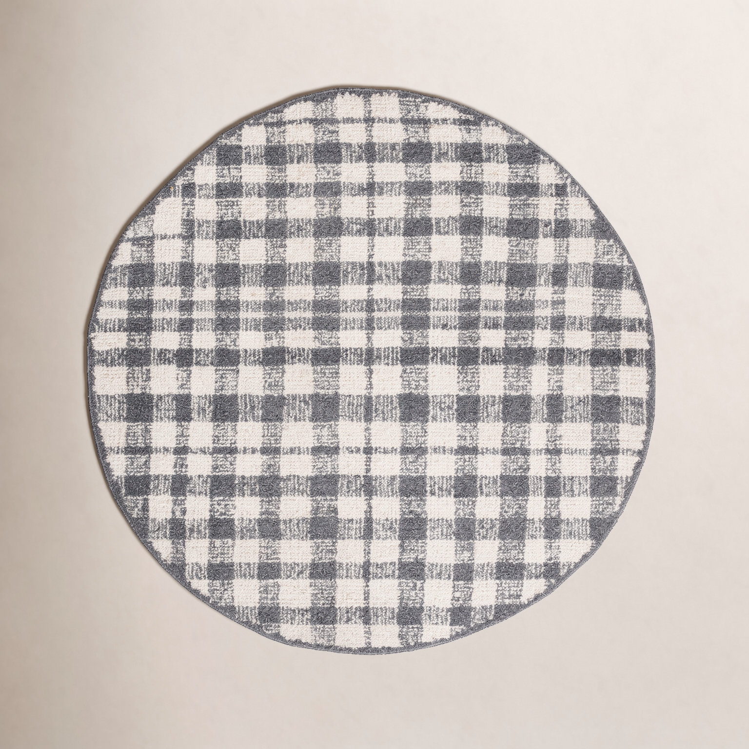 Ivory Black Hand-Tufted Plaid Rug, Round 6'