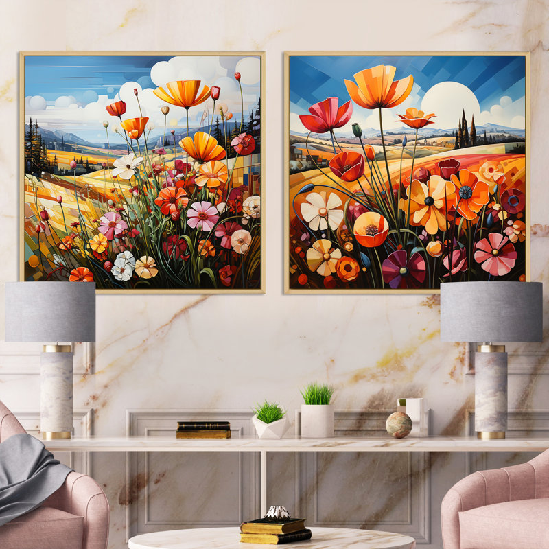 Abstrait harmonie Blooms Field - Meadow Square, ensemble de 2 collages, H 16 po x l 33 po, Cadre flottant brun