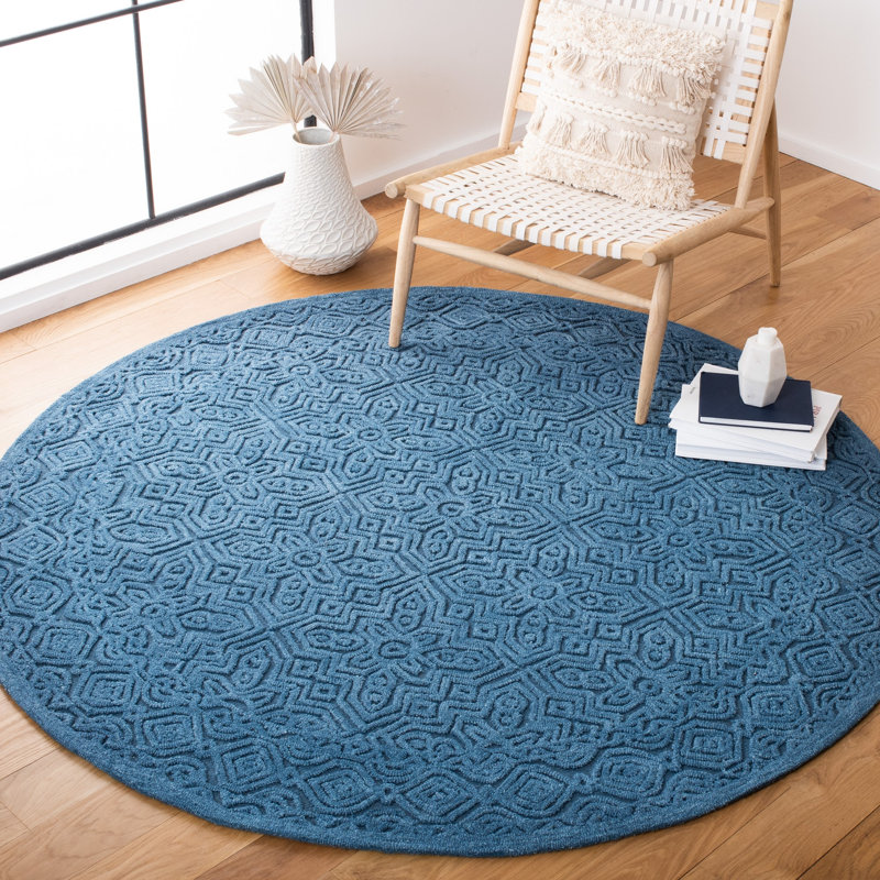 Thinh Hand Tufted Wool/Cotton Abstract Rug in Dark Blue, Round 6'