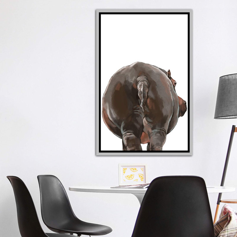 Art hippopotame, H 60 po x l 40po x P 1,5 po, Toile avec cadre argenté