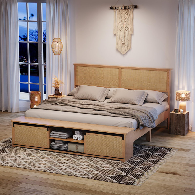 Natural Rattan Bed Frame With Sliding Barn Door Storage Cabinets And LED Light Headboard, Grand lit