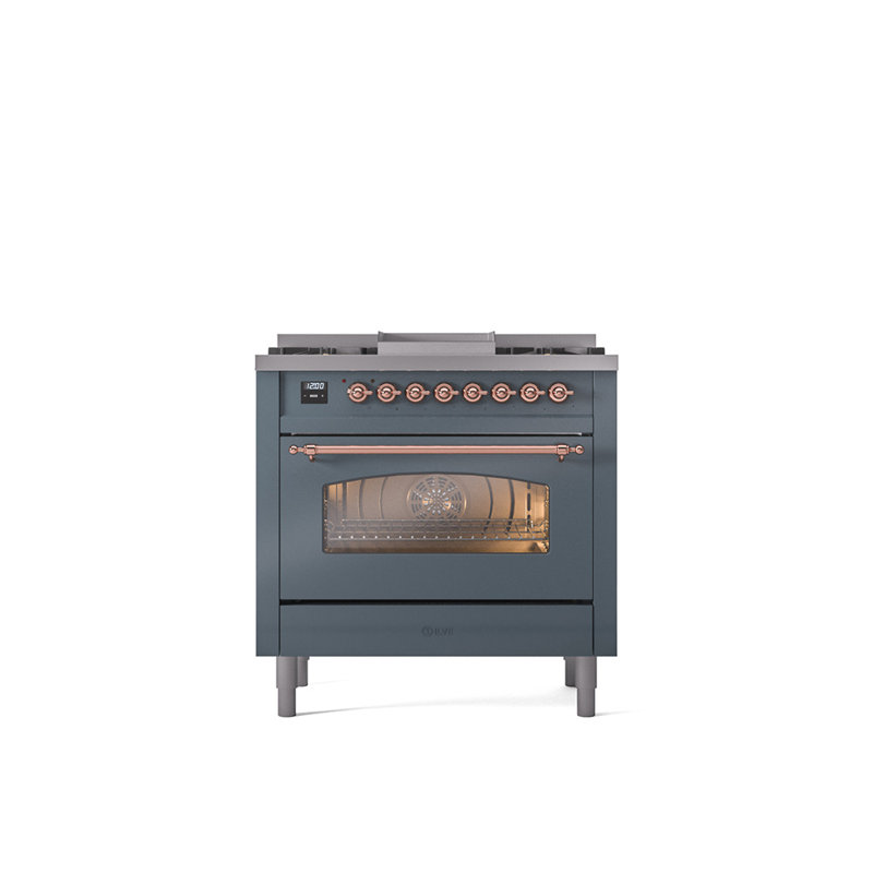 ILVE Nostalgie II Series 36 inch Dual Fuel Range with 6 Burners, Griddle (Glass Door), Blue Gray/Copper, Natural Gas