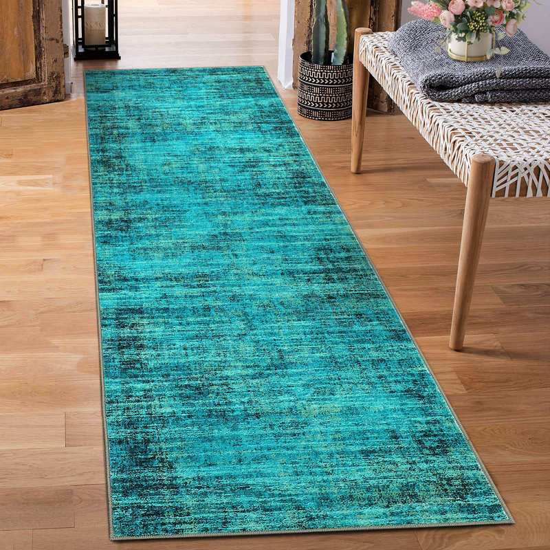Washable Area Rug, Vintage Distressed Low Pile Non-Slip Foldable Retro Abstract Indoor Floor Carpet, Turquoise, 2'x6', Teal