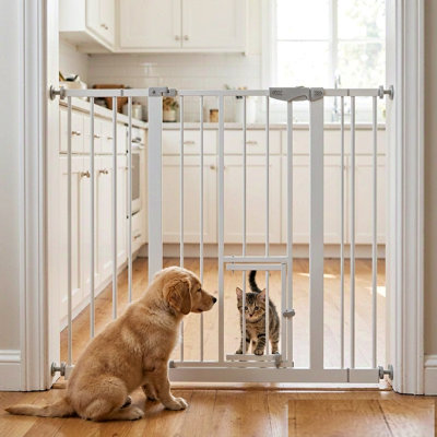 Metal Baby Gate with Cat Door, 29.5"-44.1" Pressure Mounted Safety Gate for Stairs and Doorways, Auto-Close Walk-Through Pet Gate with Double Safety Lock, White
