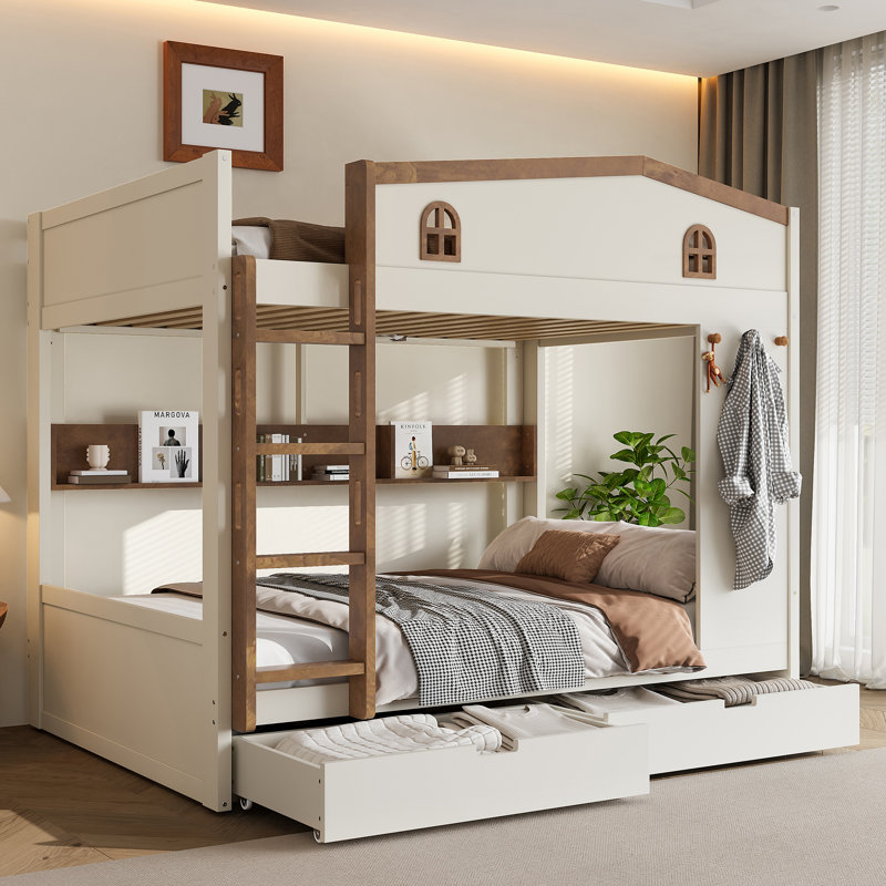 Lit superposé rustique en bois massif, Queen over Queen, Beige&Natural, With Drawers
