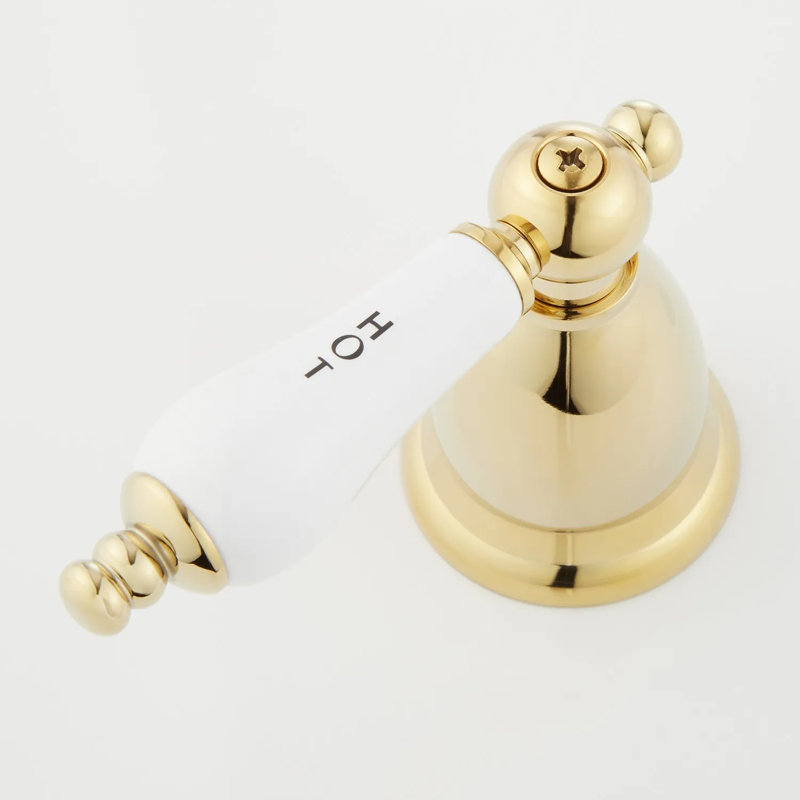 Victorian Widespread Bathroom Faucet with Porcelain Lever Handles, Polished Brass