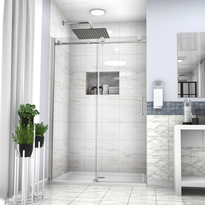 Porte de douche en verre trempé transparent l 48 po x H 76 po. Poignée en acier inoxydable avec d'excellentes propriétés. S'agence à différents thèmes de salle de bain. Installation professionnelle recommandée pour la porte de finition