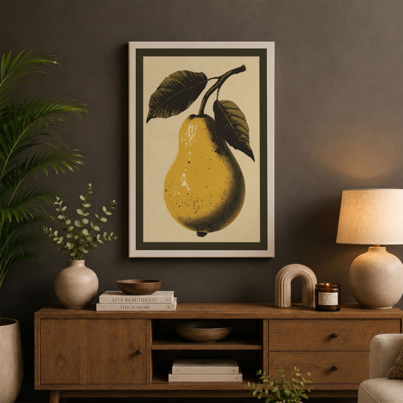 Single Pear with Leaves Botanical - Wrapped Canvas, 30x20 - 76.2 x 50.8 cm, Black Border