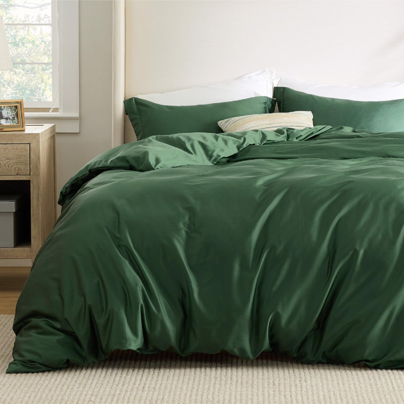 Bedsure Lyocell Cotton Hybrid Duvet Cover, Queen Duvet Cover + 2 Standard Shams, Forest Green