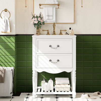 Meuble-lavabo avec lavabo en céramique de 61 cm (24 po), style vintage ondulé, deux tiroirs en forme de U, dos ouvert pour faciliter l'accès à la plomberie, design rétro blanc de 61 cm (24 po), étagères à fermeture douce.