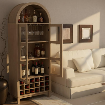 Armoire à vin arquée 70 po avec support pour 18 bouteilles, portes en verre trempé et 3 tablettes, rangement pour bar personnel