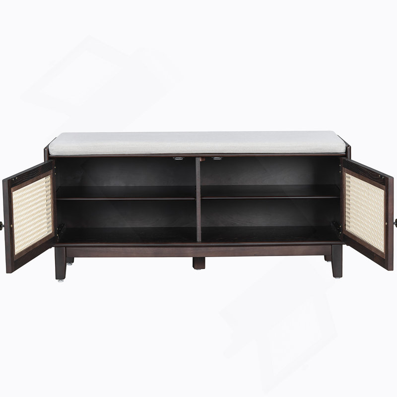 Banc d'entrée en rotin avec rangement Boho, Beige/Espresso