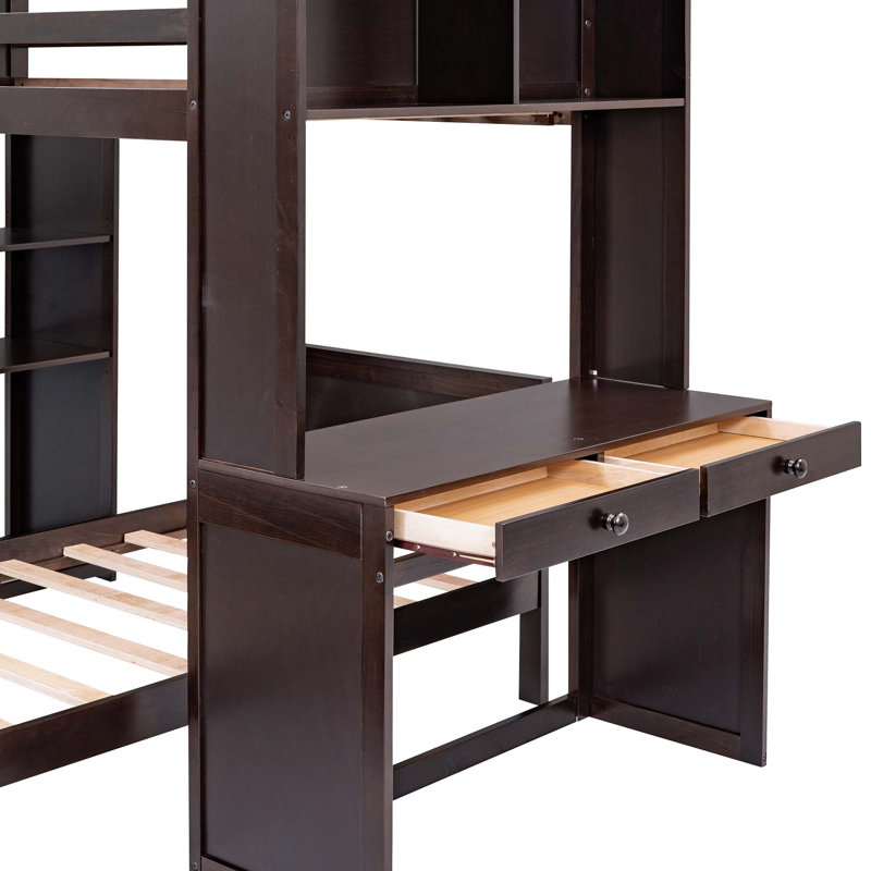 Lit mezzanine avec lit autonome, tablettes, bureau et garde-robe, Simple, Espresso