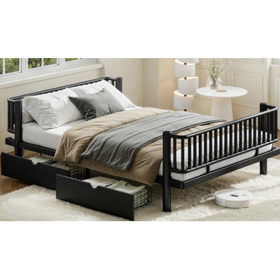 Queen Size Platform Bed with Storage Drawers, Metal Daybed Frame with Upgraded Safety Round-Pipe Design, Low Profile Design, Black