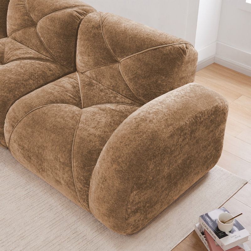 Tissu en velours doux en forme de L, H 29,9 pox L 110,6 po L x 67,3 po P, Chameau