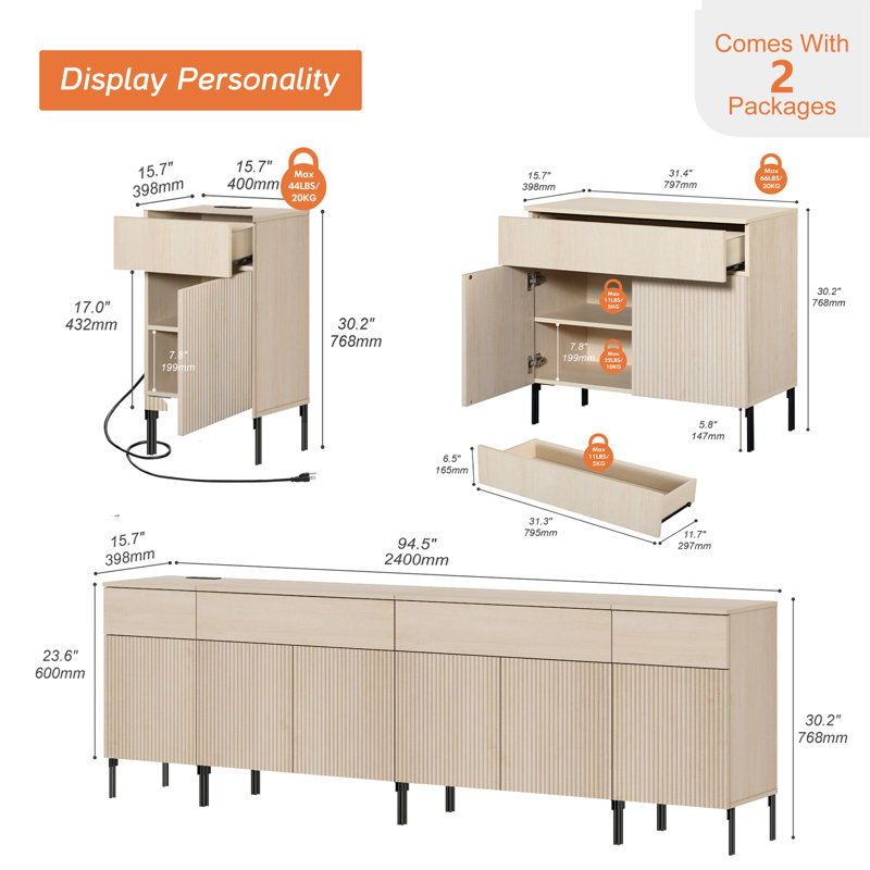 94.5" Modern Reeded TV Stand With Doors, Entertainment Center With Shelf, Wooden TV Console With Drawers For Living Room