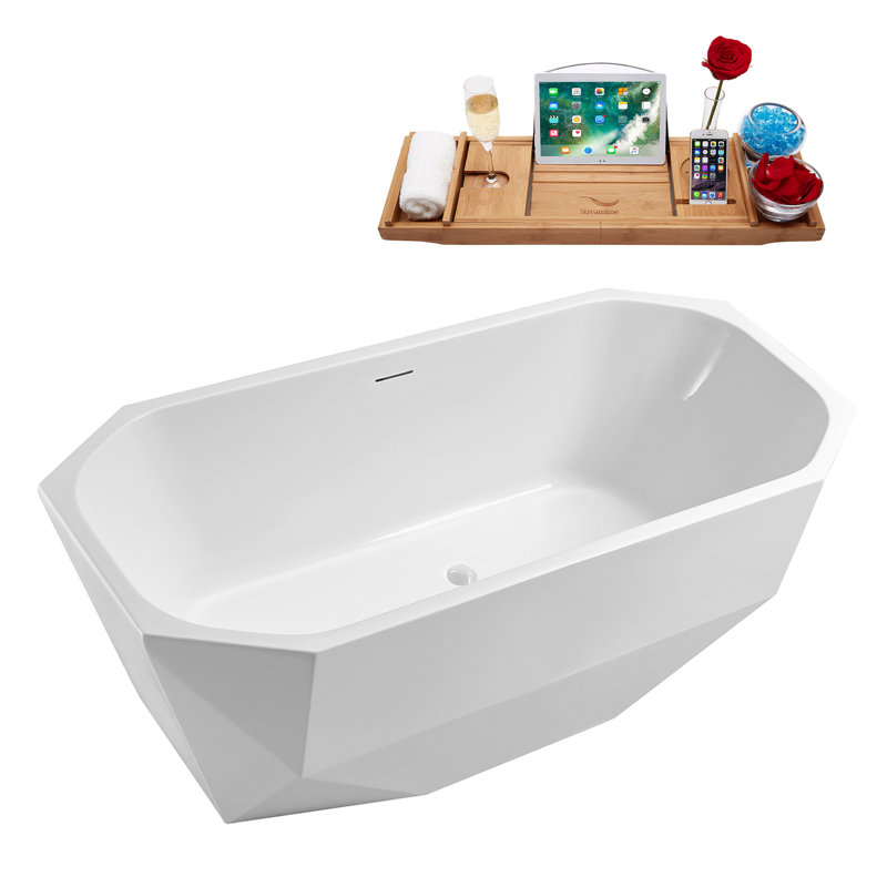63'' Streamline Freestanding Soaking Acrylic Bathtub With Drain and Bamboo Tray, Glossy White
