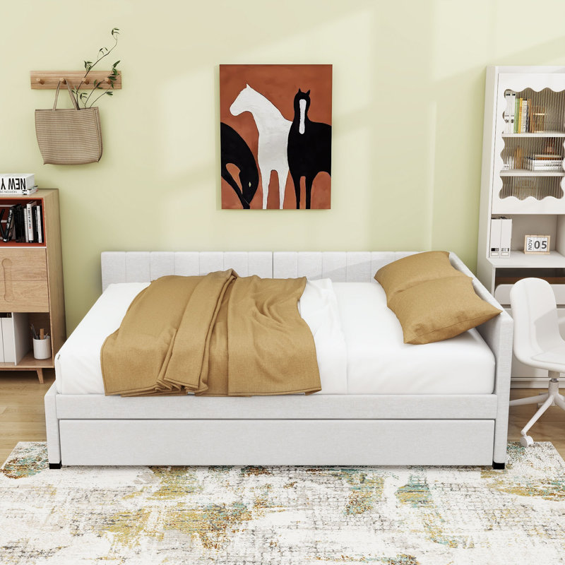Lit de jour moderne rembourré avec lit gigogne simple, Double, Beige