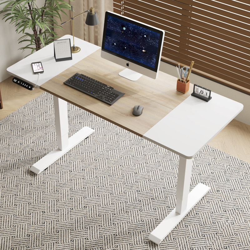 Bureau assis-debout électrique de 55 pouces avec port de charge rapide USB-C, fini chêne et blanc, Beige/White